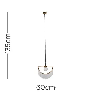 ValueLights Jupiter Brass Semicircle & White Tassel Fringe Ceiling Pendant Light with Frosted Globe Shade with LED Bulb