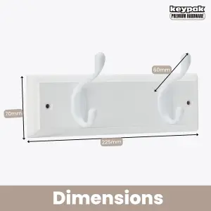 keypak 2-Hook Door Wall Mounted Coat Rack, 22.5cm - White Wooden Board, White Coat Hooks - Fixings Included