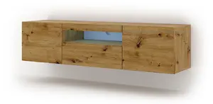 Aura Modern TV Cabinet 150cm in Oak Artisan with Blue LED Lighting - W1500mm x H36-420mm x D370mm