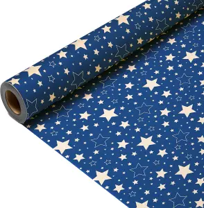 15m Eco Kraft Wrapping Paper Roll - Recyclable Brown Christmas Gift Wrap with Blue Star Design, 43cm Wide, Includes Twine