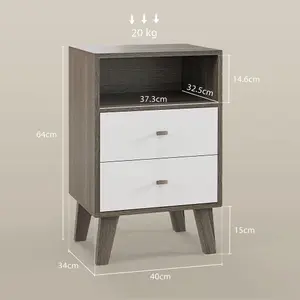 HOMCOM Bedside Tables Set of 2, Modern Nightstand with 2 Drawers and Open Cubby