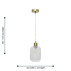 First Choice Lighting Set of 2 Batley Clear Ribbed Glass with Satin Brass Pendant Fittings