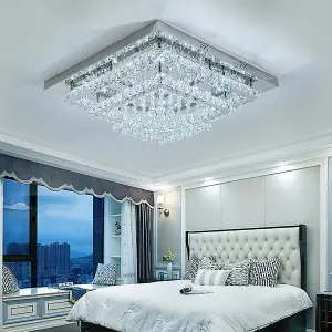 2 Tier Square Modern Crystal LED Flush Mount Ceiling Light Fixture Chandelier in White Light 60cm