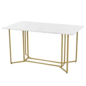 Unique Metal Frame Rectangular Dining Table in Modern Marble Pattern Kitchen Table with Adjustable Feet, White/Golden