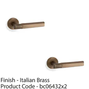 2 PACK - SOLID BRASS Hex Door Handle Set - Italian Brass Industrial Lever Round Rose