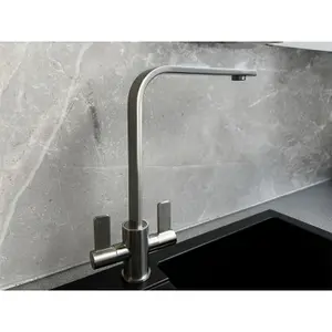 Liquida EB400BS Flat Style Modern Dual Lever Brushed Steel Kitchen Mixer Tap