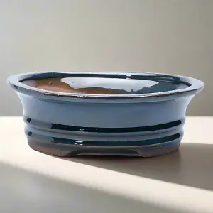 18cm Glazed Bonsai Pot - Oval - 18cm x 14cm x 4cm - Blue