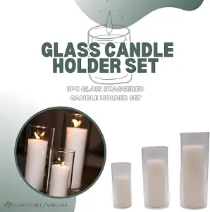 3pc Pillar Candle And Glass Candle Holder Set - Clear Glass Cylinder Pillar