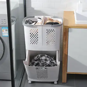 Laundry Basket 2 Tier 3 Section Laundry Hamper Sorter Divided Clothes Storage Organizer on Wheels