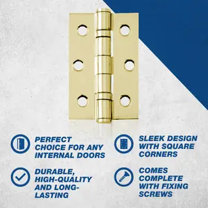 UAP Pack of 4 Door Hinges - 3 Inch - 75x50mm - Mild Steel Ball Bearing Butt - Square Corners - Internal Door - Electro Brassed