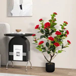 Costway Artificial Camellia Tree Faux Flower Plant Artificial Tree in Cement Pot Greenery Potted Plant Free Maintenance