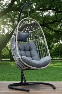 Folding Rattan Hanging Egg Chair with Grey Cushion