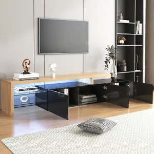 Modern TV cabinet, Stylish and Elegant, Practical Storage, High-gloss Black, Wooden Look, Glass Shelves, LED lighting