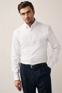 Mens Next White Regular Fit Double Cuff Easy Care Oxford Shirt - White