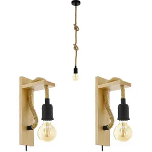 Ceiling Pendant Light & 2x Matching Wall Lights Black & Knot Rope Trendy Lamp