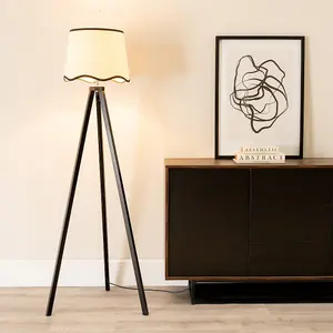 ValueLights Barbro Black Wood Tripod Floor Lamp with Natural Linen Scallop Black Edge Shade