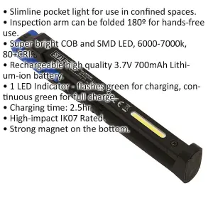 Slim Folding Pocket Light - 2 COB & 1 SMD LED - Rechargeable - Magnetic - Blue