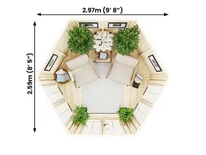 Dunster House Summer House Vantage 300 3m x 2.5m Garden Room Kit Toughened Glass and Roof Shingles Hexagonal