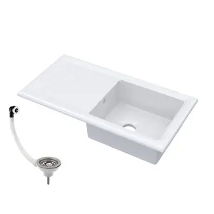 Single Bowl Fireclay Ceramic Inset Kitchen Sink & Drainer with Compatible Waste - 1010mm