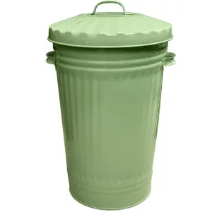 Sage Green Metal Bin Retro Galvanised Dustbin Vintage Style Steel Bin - 45L