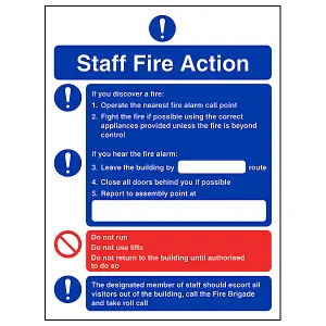 Staff Fire Action Procedure Safety Sign Adhesive Vinyl 200x300mm (x3)