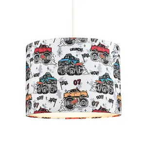 Modern and Colourful Monster Trucks Kids Cotton Fabric Drum Lamp Shade - 25cm