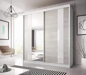 Elegant White Matt Multi Sliding Door Wardrobe W203cm H218cm D61cm - Kathult Oak & White Gloss Front