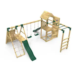 Rebo Wooden Climbing Frame with Vertical Rock Wall, Swing Set and Slide - Pennine+