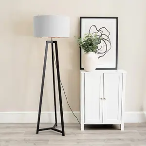 ValueLights Lottie Black Wood Tripod Floor Lamp with Grey/Gold Drum Shade - LED Bulb Included