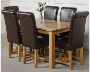 Oslo 150 x 90 cm Medium Oak Dining Table and 6 Chairs Dining Set with Washington Brown Leather Chairs