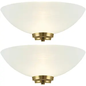 2 PACK Dimmable LED Wall Light Antique Brass White Pattern Glass Shade Dome Lamp