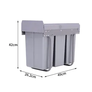 Grey 3 x 10L Rectangular Integrated Kitchen Pull Out Bin Waste and Recycling Bin for Cabinet Under Counter Storage