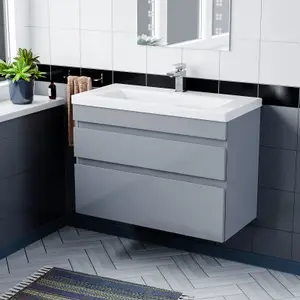 Nes Home 800mm Wall Hung Grey Basin Vanity Cabinet Unit 2 Drawers