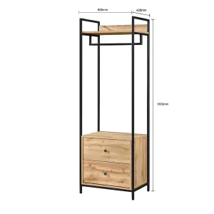 Alva Pair of Double Open Wardrobes with 2 Drawers 4 Shelves Oak Clothes Rail