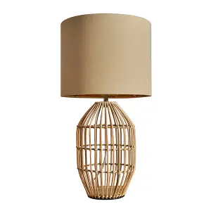 ValueLights Hollins Contemporary Natural Rattan Cylinder Table Lamp with Beige Gold Cylinder Shade