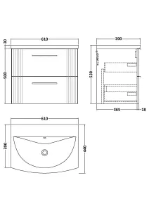 Retro 2 Drawer Wall Hung Vanity Unit with Curved 1 Tap Hole Ceramic Basin - 600mm - Satin Soft Black - Balterley