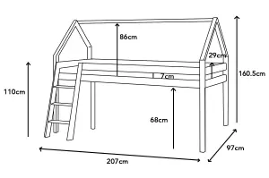 Kids Mid Sleeper Cabin Loft Bed With Underbed Storage Space - Solid Pine In White