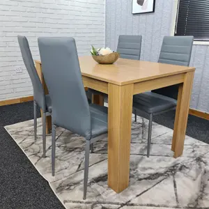 Dining Table and 4 Chairs Oak Effect Wood 4 Grey Leather Chairs Dining Room