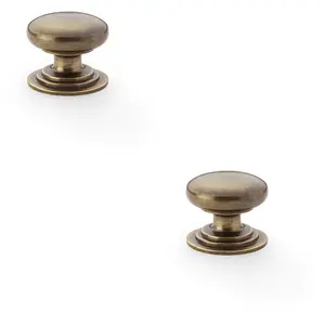 2 PACK - Stepped Round Door Knob - Antique Brass 32mm Classic Kitchen Cabinet Pull Handle