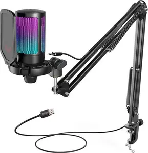 FIFINE USB Gaming Microphone Kit For PC PS5, Computer Condenser Microphone With RGB, Quick Mute, Gain Control, Boom Arm Stand, Shock Mount, Pop