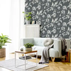 GoodHome Sapph Grey Leaf Textured Wallpaper