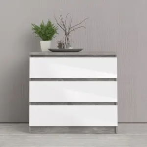 Naia Chest of 3 Drawers in Concrete and White High Gloss