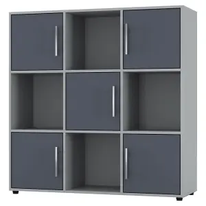 URBNLIVING 91cm Height 9 Cube Bookcase Grey Wood Door Metal Handle Display Storage Shelf