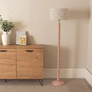 ValueLights Bobbins Painted Rose Floor Lamp with Lemon Embroidered Drum Shade