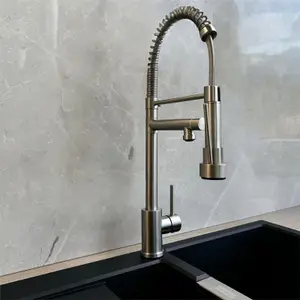 Liquida GR265BS Brushed Steel Kitchen Tap With Swivel Spout & Directional Spray