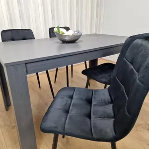 Dining Table and 4 Chairs  Black Dark Grey 4 Black Velvet Chairs Wood Dining Set Furniture