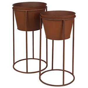 URBN-GARDEN 40cm Height Round 2pcs Outdoor Rustic Metal Plant Stand Flower Pot Holder Garden Decor