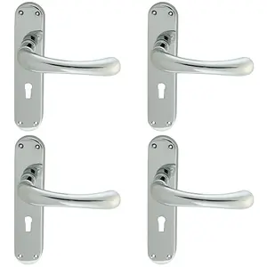 4 PACK - Rounded Smooth Latch & Lock Door Handle - Polished Chrome Lever on Backplate