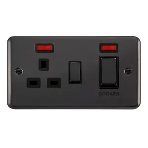 Curved Black Nickel Cooker Control Ingot 45A With 13A Switched Plug Socket & 2 Neons - Black Trim - SE Home