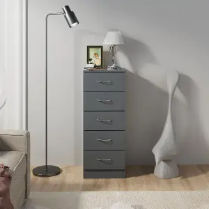 SunDaze Chest of Drawers Bedroom Furniture Bedside Cabinet with Handle 5 Tall Narrow Drawer Grey 34.5x36x90cm